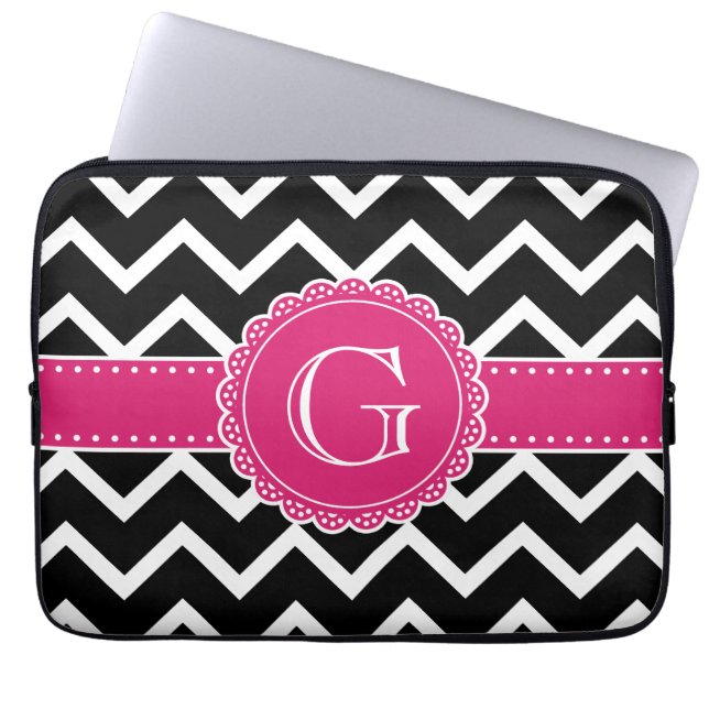 Housse Pour Ordinateur Portable Chaud rose Fleur Monogramme noir Chevron (Devant)