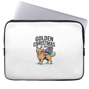 Housse Pour Ordinateur Portable Chemise de Noël dorée Santa à cheval sur Retriever