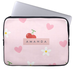 Housse Pour Ordinateur Portable Cherry, Motif de coeur rose, marguerite et cerise