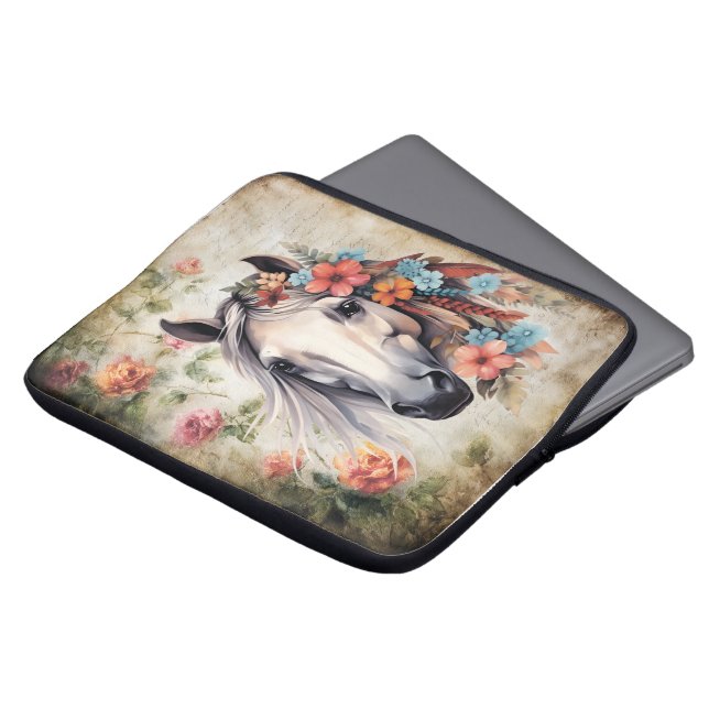 Housse Pour Ordinateur Portable Cheval blanc dans les fleurs. (Devant haut)