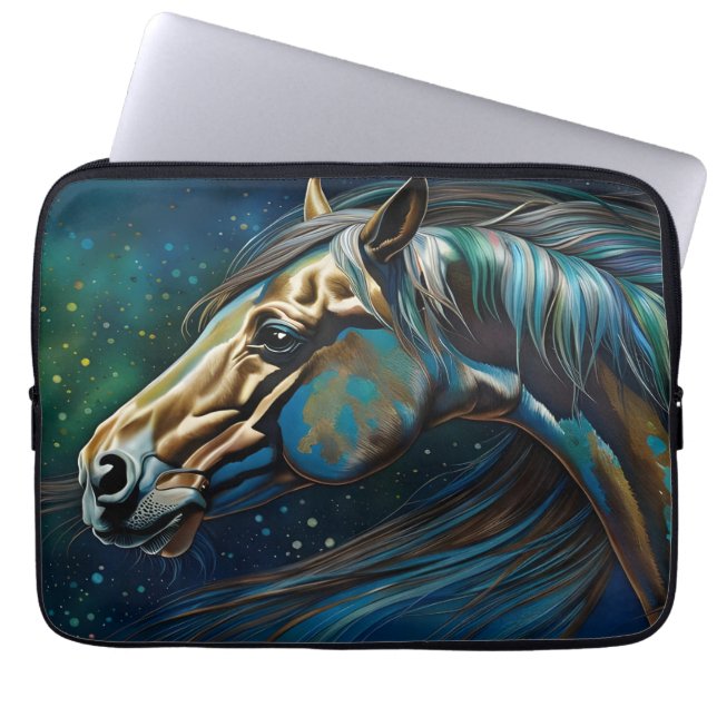 Housse Pour Ordinateur Portable Cheval Turquoise bleu vert brun (Devant)