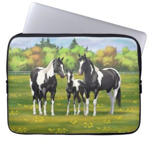 Housse Pour Ordinateur Portable Chevaux De Peinture De Pinto Noir En Pâturage Été