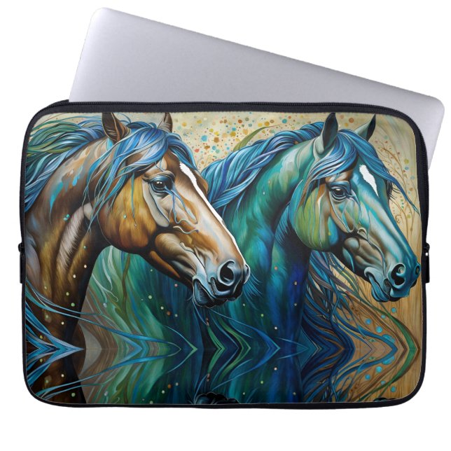 Housse Pour Ordinateur Portable Chevaux Turquoise bleu vert brun (Devant)