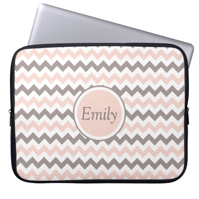 Housse Pour Ordinateur Portable Chevron Gris Rose Gris Fille Moderne Avec Nom (Devant)