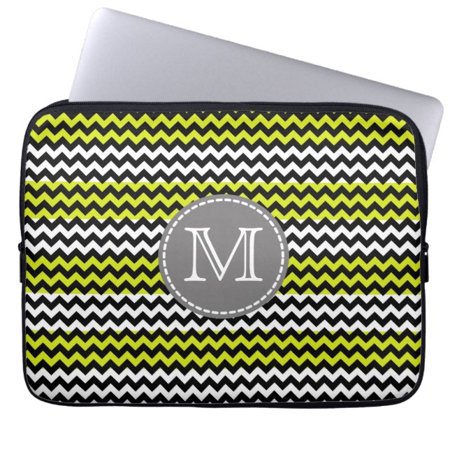 Housse Pour Ordinateur Portable Chevron Zigzag Monogramme Noir Blanc Vert (Devant)