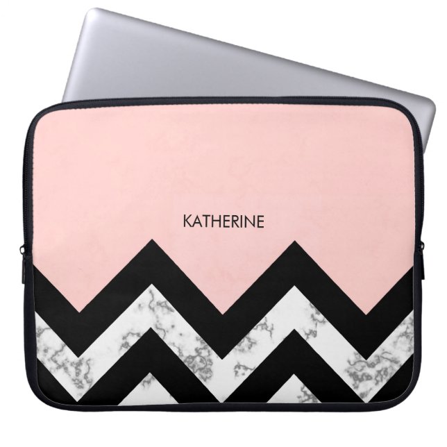 Housse Pour Ordinateur Portable Chevrons noirs blancs et roses (Devant)