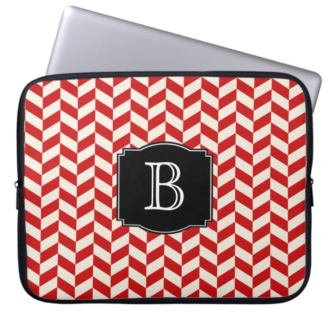 Housse Pour Ordinateur Portable Chevrons Red Herringbone Motif avec Monogramme (Devant)