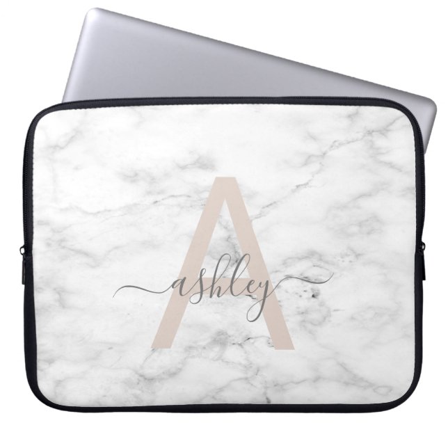 Housse Pour Ordinateur Portable Chic Blush Pink White Marble Script Nom monogram (Devant)