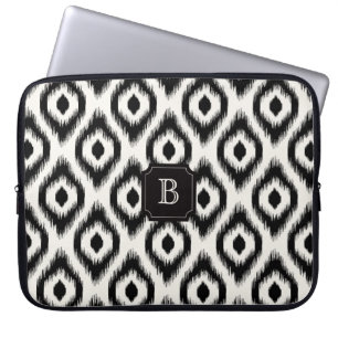 Housse Pour Ordinateur Portable Chic Élégant Ikat Monogramme Diamant Noir Ivoire