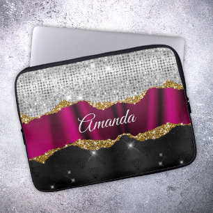 Housse Pour Ordinateur Portable Chic faux argent parties scintillant Fuchsia noir