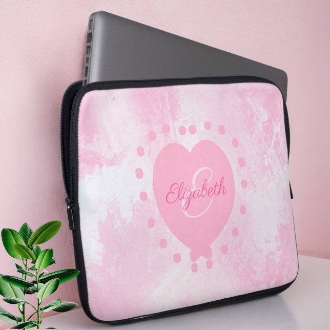 Housse Pour Ordinateur Portable Chic Girly rose Coeur Monogramme Première aquarell (Angled open neoprene laptop case. Laptop not included.)