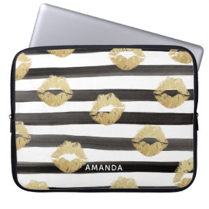 Housse Pour Ordinateur Portable Chic Parties scintillant or lèvres et bandes noire