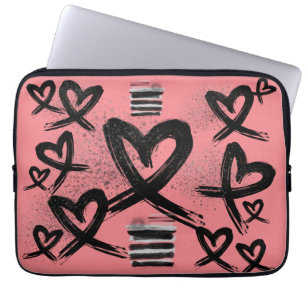 Housse Pour Ordinateur Portable Chic Peint Coeurs Noir et Rouge Motif Doodle