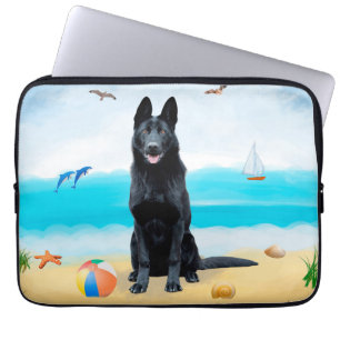 Housse Pour Ordinateur Portable Chien berger allemand noir sur la plage
