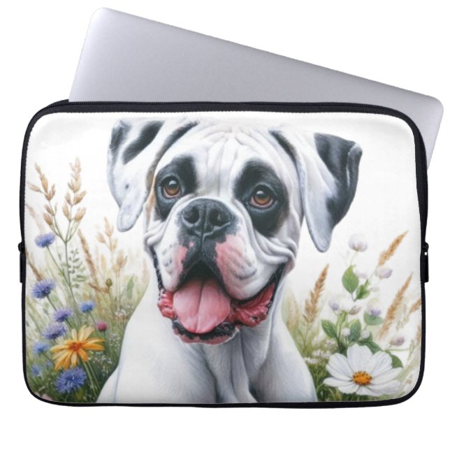 Housse Pour Ordinateur Portable Chien Boxer et Fleurs Sauvages  (Devant)