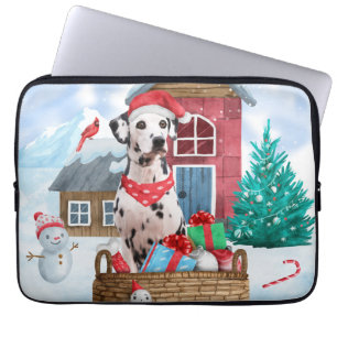 Housse Pour Ordinateur Portable Chien dalmate dans la neige Maison de chien de Noë