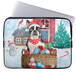 Housse Pour Ordinateur Portable Chien de Boston Terrier dans la neige Maison de Ch