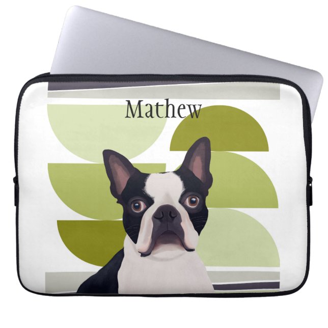 Housse Pour Ordinateur Portable Chien de Boston Terrier - Vert géométrique (Devant)