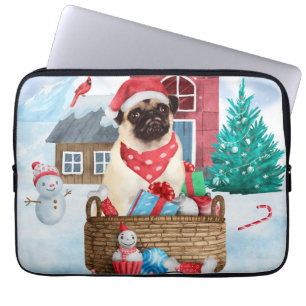 Housse Pour Ordinateur Portable Chien de carlin dans la neige Maison de Chien de N
