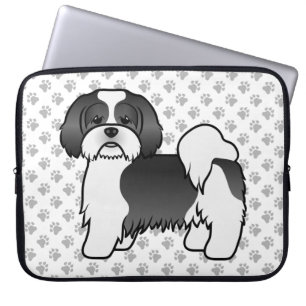 Housse Pour Ordinateur Portable Chien de dessin animé mignon Lhasa Apso noir et bl