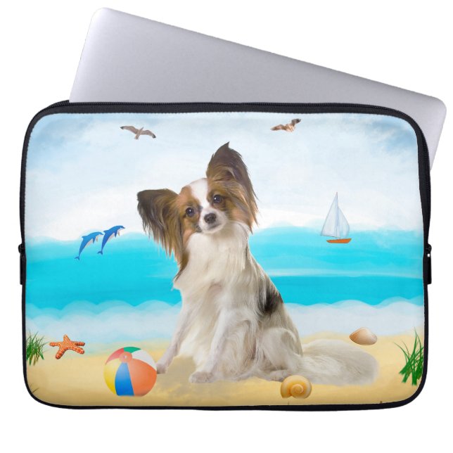 Housse Pour Ordinateur Portable Chien de Papillon sur la plage (Devant)