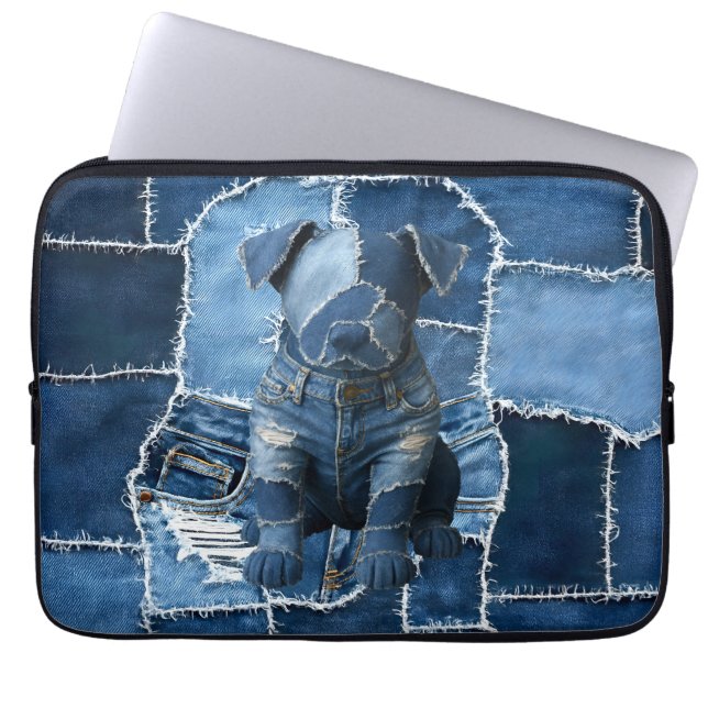 Housse Pour Ordinateur Portable Chien Patchwork Art Denim (Devant)
