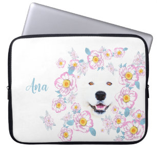 Housse Pour Ordinateur Portable Chien Samoyed et fleurs roses, nom customisé