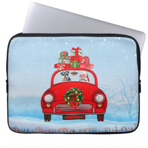 Housse Pour Ordinateur Portable Chien schnauzer en voiture avec le Père Noël