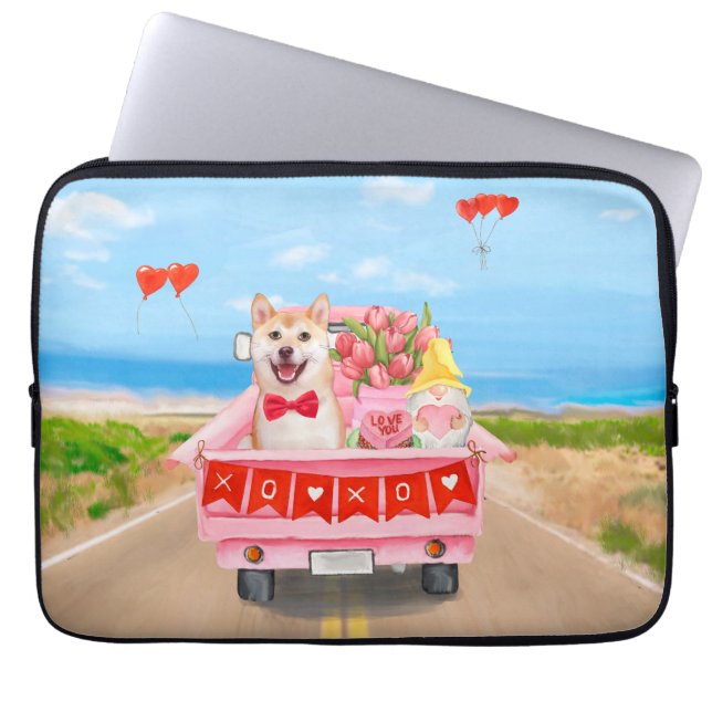 Housse Pour Ordinateur Portable Chien Shiba Inu Saint Valentin Coeurs de Camion (Devant)