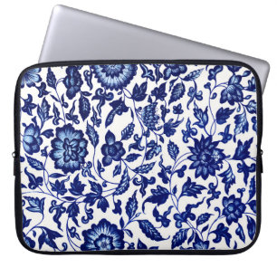 Housse Pour Ordinateur Portable Chinois bleu marine foncé motif floral sur blanc