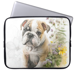 HOUSSE POUR ORDINATEUR PORTABLE CHIOT BOULEDOGUE MIGNON ET FLEURS SAUVAGES