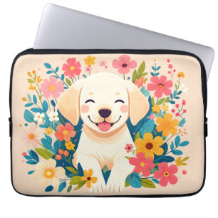 Housse Pour Ordinateur Portable chiot labrador jaune au milieu des fleurs