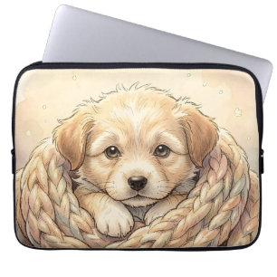 Housse Pour Ordinateur Portable Chiot mignon enveloppé dans une couverture tricoté