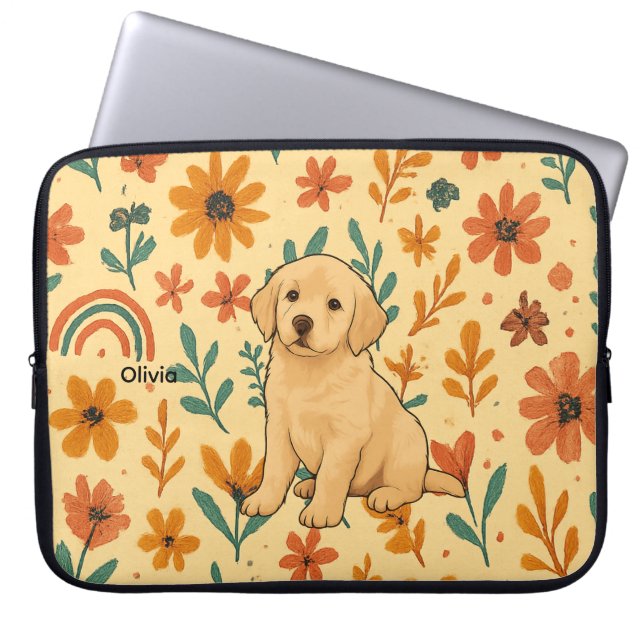 Housse Pour Ordinateur Portable Chiot mignon & Fleurs Boho (Devant)