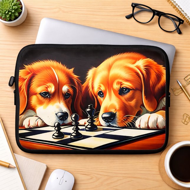 Housse Pour Ordinateur Portable Chiots Jouant aux Échecs (Créateur téléchargé)