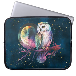 Housse Pour Ordinateur Portable Chouette arc-en-ciel mystique et Pleine lune céles