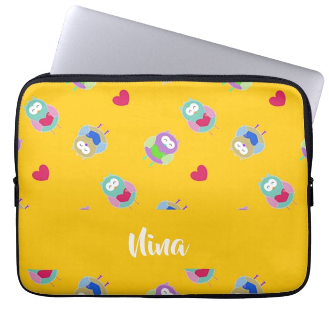 Housse Pour Ordinateur Portable Chouettes avec coeur sur orange (Devant)
