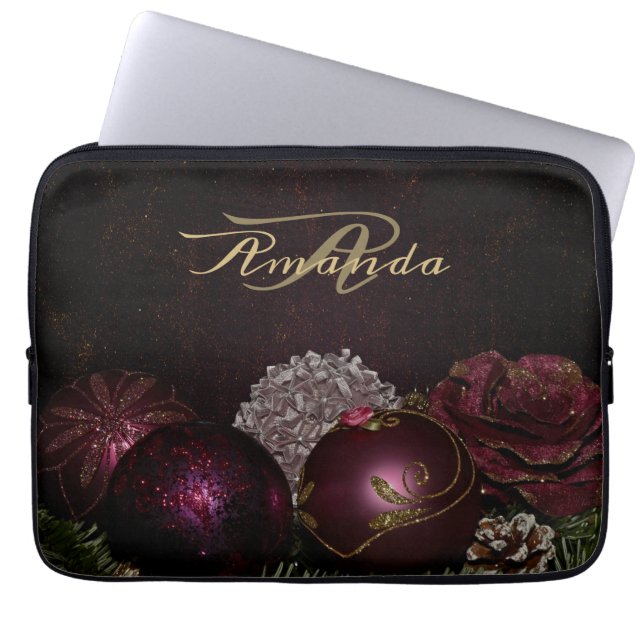 Housse Pour Ordinateur Portable Christmas Monogram Pink Ornament Green Black (Devant)