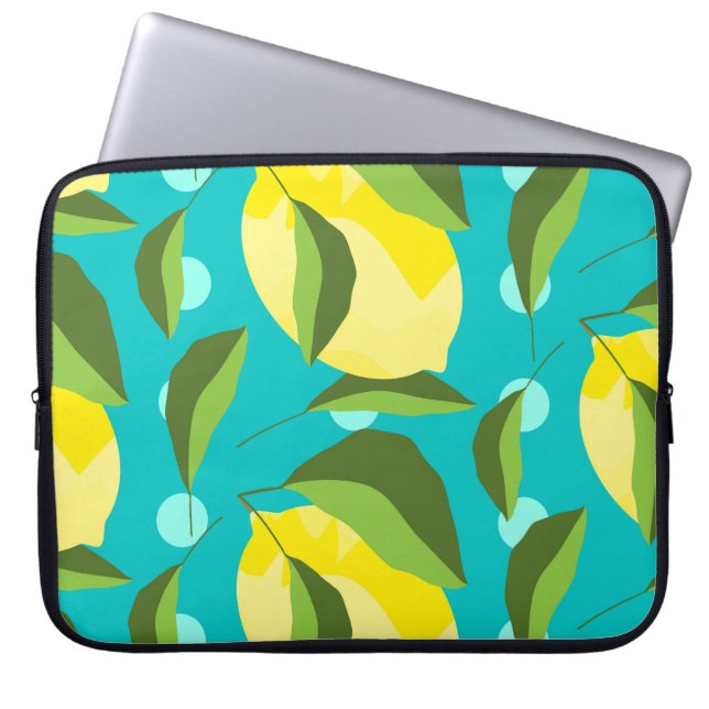 Housse Pour Ordinateur Portable Citrons Polka Point : Arrière - plan bleu. (Devant)