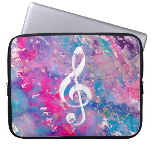 Housse Pour Ordinateur Portable Clef triple d'aquarelle de peinture de note bleue