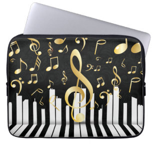Housse Pour Ordinateur Portable Clés de piano or noir Musique Note