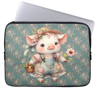 Housse Pour Ordinateur Portable Cochonnet Pastel Mignon en Salopette Cottagecore