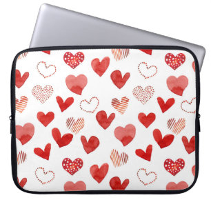 Housse Pour Ordinateur Portable Coeurs d'amour rouge, motif aquarelle.