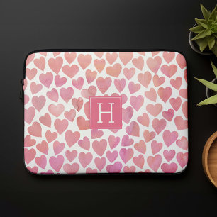 Housse Pour Ordinateur Portable Coeurs d'aquarelle rose Monogramme