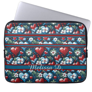 Housse Pour Ordinateur Portable Coeurs de Noël floraux en bleu rouge et vert