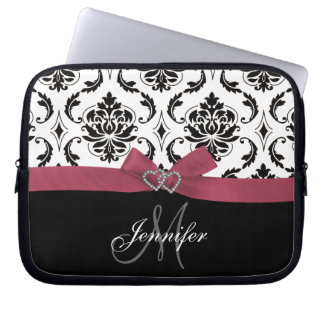 Housse Pour Ordinateur Portable Coeurs noirs décorés d'un monogramme de diamant