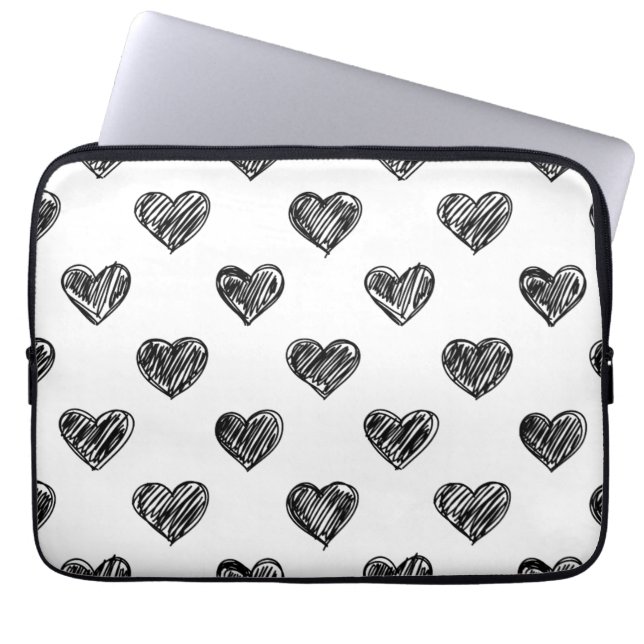 HOUSSE POUR ORDINATEUR PORTABLE COEURS NOIRS DOODLES MOTIF LAPTOP SLEEVE (Devant)