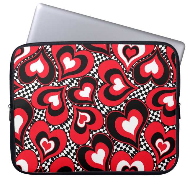 Housse Pour Ordinateur Portable Coeurs, rouge, noir, blanc, Saint Valentin. (Devant)