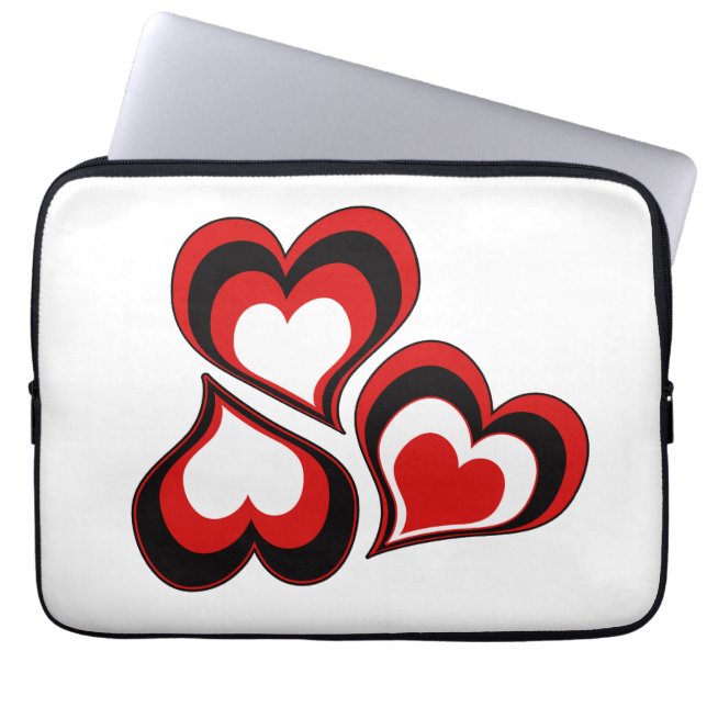 Housse Pour Ordinateur Portable Coeurs, rouge, noir, blanc, Saint Valentin. (Devant)