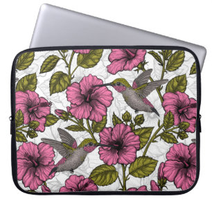 Housse Pour Ordinateur Portable Colibris et fleurs d'hibiscus roses